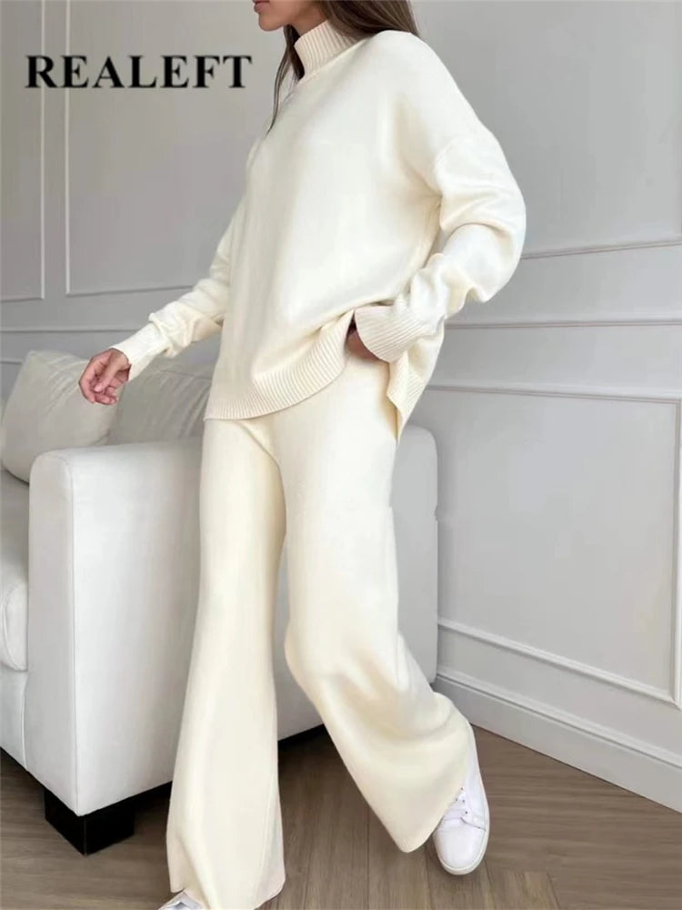 Conjunto de punto mujer jersey cuello alto y pantalón ancho